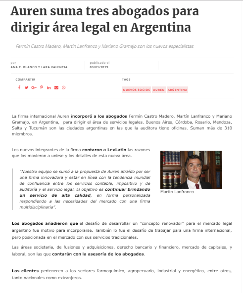 Auren suma tres abogados para área de Legal en Argentina