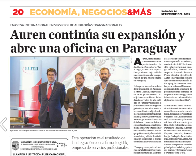Prensa. Directivos de Auren dieron a conocer los detalles del desembarco en Paraguay (Diario La Nación PY 14/9/2019) Prensa. Directivos de Auren dieron a conocer los detalles del desembarco en Paraguay (Diario La Nación PY 14/9/2019)