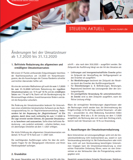 Änderungen bei der Umsatzsteuer ab 1. Juli 2020 bis 31. Dezember 2020