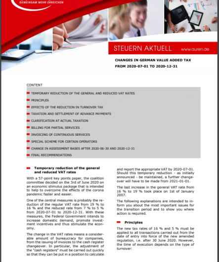 Changes in German value tax from 1 Juli 2020 to 31 December 2020