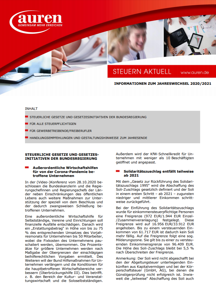 Informationen zum Jahreswechsel 2020/2021